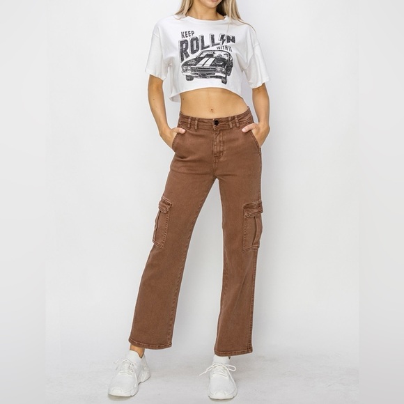 NWT RISEN PLUS + REG Size Espresso Brown High Rise Straight Leg 90s Cargo Jeans - Picture 8 of 10